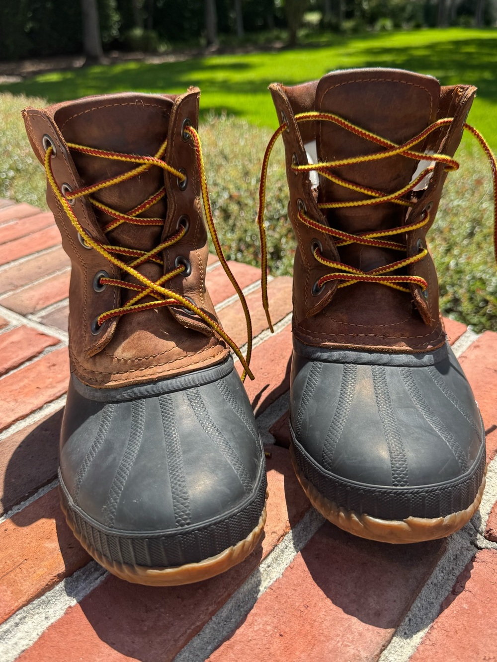 Sorel Brown Leather and Black Rubber Duck Boots with Yellow Accent Laces